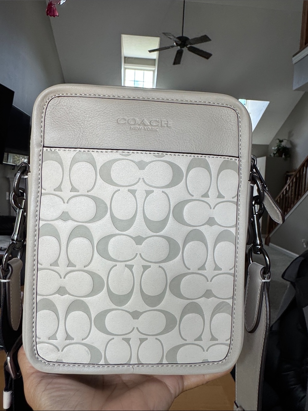 Coach Men’s Signature Crossbody Bag in Chalk and Light Gray
